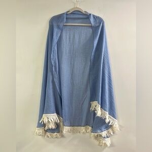 SARONG/SHAWL/WRAP Beach Boho 100% Cotton Blue Chambray Cream Crochet Fringe Trim
